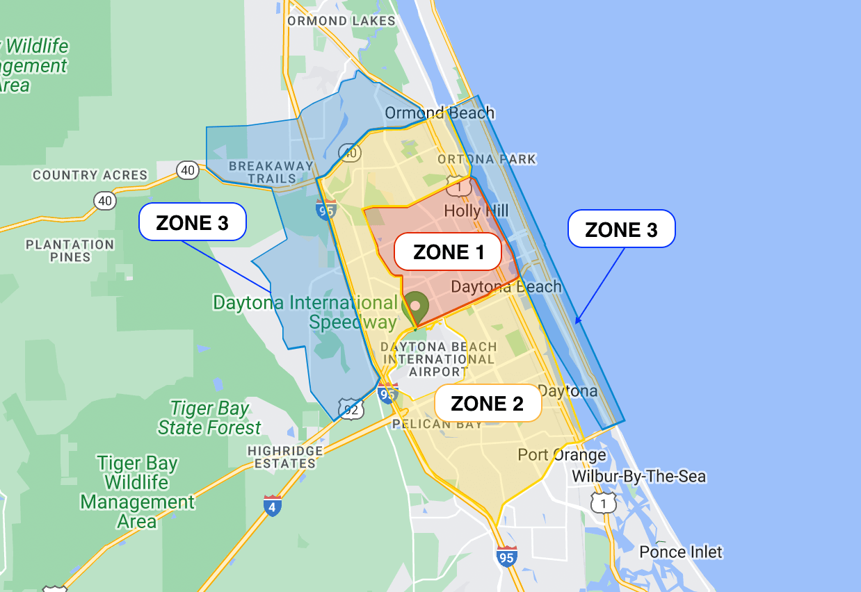 Map of pickup Zones Daytona Airport Shuttle